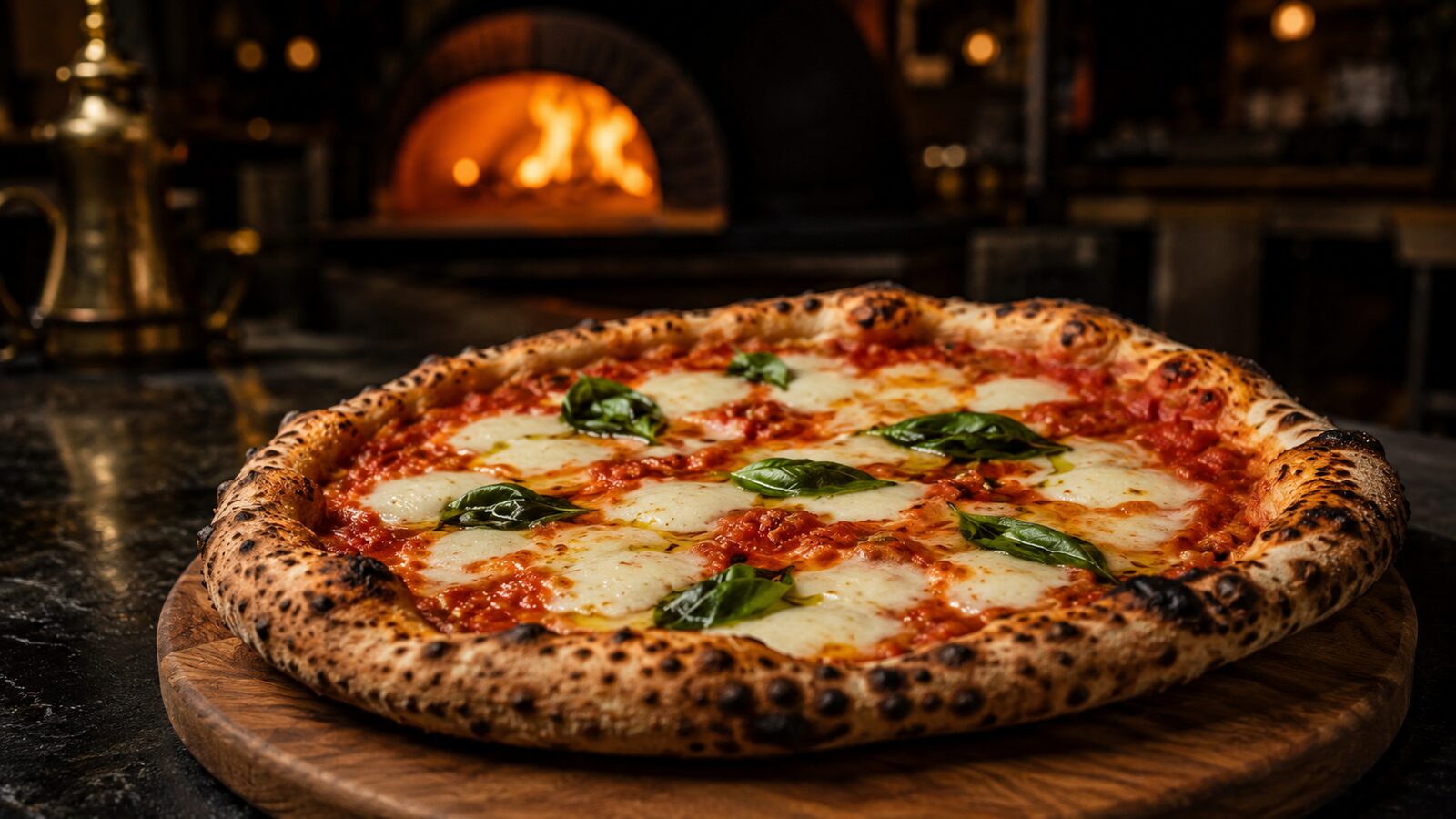Wood-fired margherita pizza, fresh from the oven at Maison Dieci Pizza
